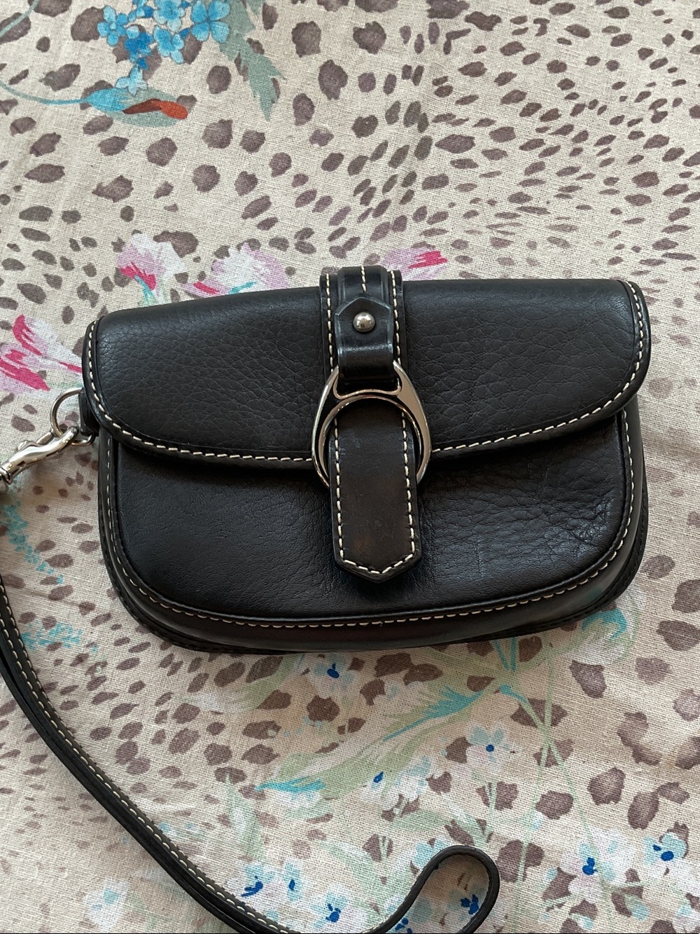 Dooney & Bourke Black Leather Wristlet with White Contrast Stitching